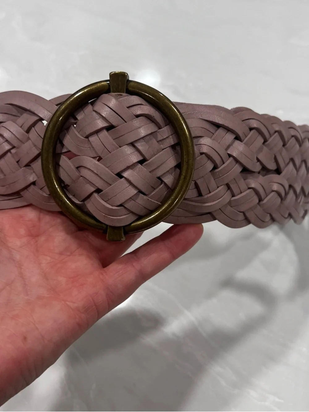 Talbots Woven Leather Belt with Round Brass Tone Buckle Dusty Mauve Bohemian S